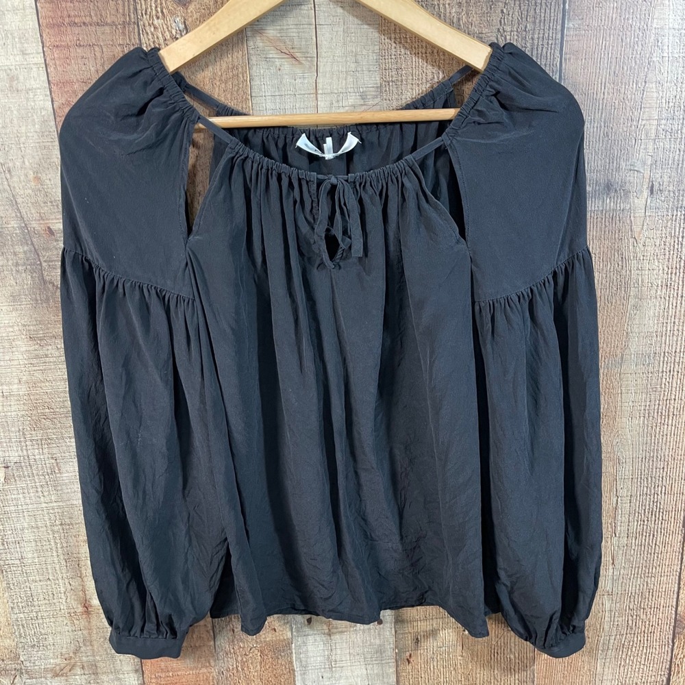 FRAME Noir Silk Peasant Top Womens XS Black Cold Shoulder Balloon Sleeve Blouse